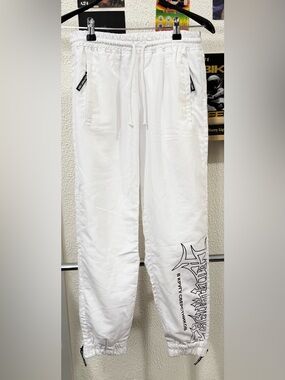 Sputnik 1985 White Track Pants Cyrillic Graphic Joggers Elastic Waist
